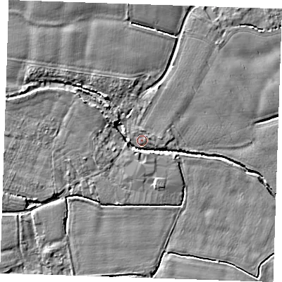 Shaded relief map of the ground around TN125JS, computed from Environment Agency LiDAR. The ground here sits at about 15 m above sea level and falls 5 m across the surrounding 800 m. Surface water reaching this point runs off ground lying to the north-west, 4.9 m higher.