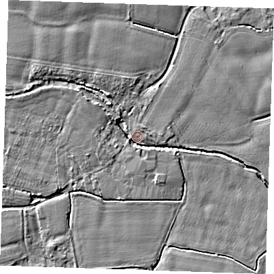Shaded relief map of the ground around TN125JT, computed from Environment Agency LiDAR. The ground here sits at about 15 m above sea level and falls 5 m across the surrounding 800 m. Surface water reaching this point runs off ground lying to the north-north-west, 4.8 m higher.