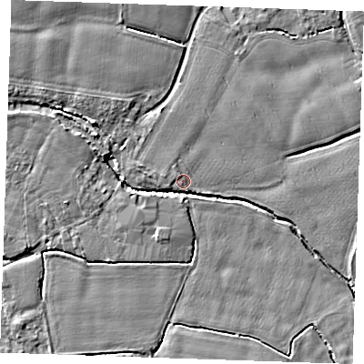Shaded relief map of the ground around TN125JU, computed from Environment Agency LiDAR. The ground here sits at about 15 m above sea level and falls 5 m across the surrounding 800 m. Surface water reaching this point runs off ground lying to the north-west, 4.9 m higher.