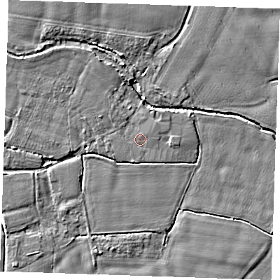 Shaded relief map of the ground around TN125JX, computed from Environment Agency LiDAR. The ground here sits at about 15 m above sea level and falls 5 m across the surrounding 800 m. Surface water reaching this point runs off ground lying to the north-north-west, 2.0 m higher.