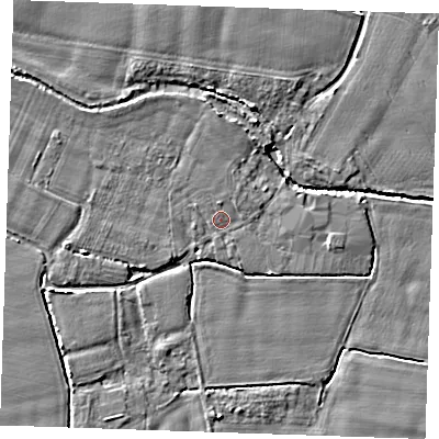 Shaded relief map of the ground around TN125LA, computed from Environment Agency LiDAR. The ground here sits at about 15 m above sea level and falls 5 m across the surrounding 800 m. Surface water reaching this point runs off ground lying to the north, 2.0 m higher.
