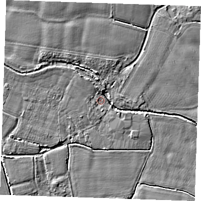 Shaded relief map of the ground around TN125LB, computed from Environment Agency LiDAR. The ground here sits at about 15 m above sea level and falls 5 m across the surrounding 800 m. Surface water reaching this point runs off ground lying to the north-west, 4.0 m higher.