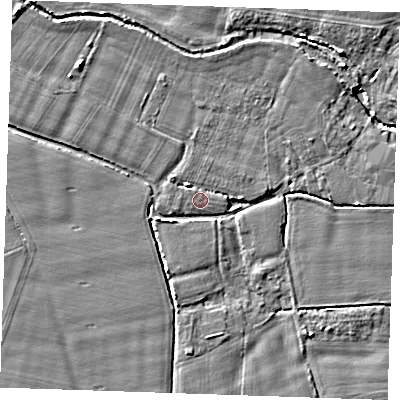 Shaded relief map of the ground around TN125LE, computed from Environment Agency LiDAR. The ground here sits at about 16 m above sea level and falls 6 m across the surrounding 800 m. Surface water reaching this point runs off ground lying to the north-west, 1.8 m higher.