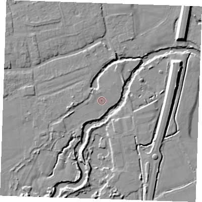 Shaded relief map of the ground around TN125LG, computed from Environment Agency LiDAR. The ground here sits at about 13 m above sea level and falls 8 m across the surrounding 800 m. Surface water reaching this point runs off ground lying to the north-west, 0.7 m higher.