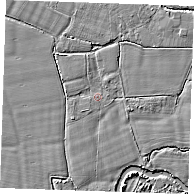 Shaded relief map of the ground around TN125LQ, computed from Environment Agency LiDAR. The ground here sits at about 15 m above sea level and falls 5 m across the surrounding 800 m. Surface water reaching this point runs off ground lying to the west-south-west, 1.1 m higher.