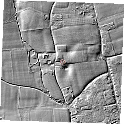 Shaded relief map of the ground around TN125LX, computed from Environment Agency LiDAR. The ground here sits at about 19 m above sea level and falls 11 m across the surrounding 800 m. Surface water reaching this point runs off ground lying to the north-north-east, 5.7 m higher.