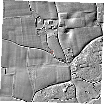Shaded relief map of the ground around TN125NJ, computed from Environment Agency LiDAR. The ground here sits at about 15 m above sea level and falls 10 m across the surrounding 800 m. Surface water reaching this point runs off ground lying to the west-north-west, 5.1 m higher.