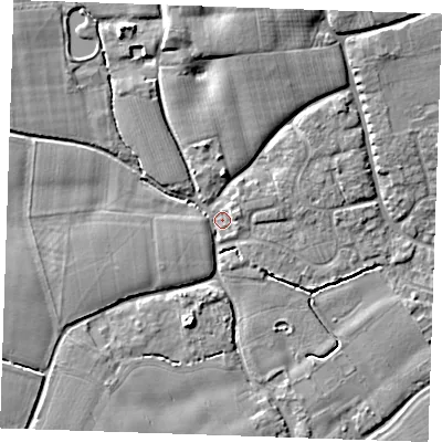 Shaded relief map of the ground around TN125NL, computed from Environment Agency LiDAR. The ground here sits at about 15 m above sea level and falls 8 m across the surrounding 800 m. Surface water reaching this point runs off ground lying to the north, 6.7 m higher.