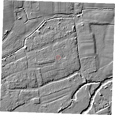 Shaded relief map of the ground around TN125PA, computed from Environment Agency LiDAR. The ground here sits at about 14 m above sea level and falls 7 m across the surrounding 800 m. Surface water reaching this point runs off ground lying to the west-north-west, 0.9 m higher.
