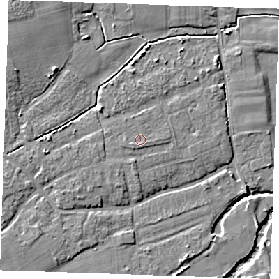 Shaded relief map of the ground around TN125PB, computed from Environment Agency LiDAR. The ground here sits at about 14 m above sea level and falls 8 m across the surrounding 800 m. Surface water reaching this point runs off ground lying to the west-south-west, 0.9 m higher.