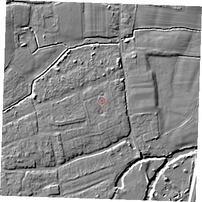 Shaded relief map of the ground around TN125PD, computed from Environment Agency LiDAR. The ground here sits at about 14 m above sea level and falls 6 m across the surrounding 800 m. Surface water reaching this point runs off ground lying to the south-west, 0.9 m higher.