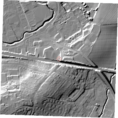 Shaded relief map of the ground around TN125WH, computed from Environment Agency LiDAR. The ground here sits at about 30 m above sea level and falls 36 m across the surrounding 800 m. Surface water reaching this point runs off ground lying to the south-south-west, 14.5 m higher.