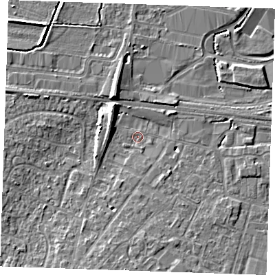 Shaded relief map of the ground around TN126AB, computed from Environment Agency LiDAR. The ground here sits at about 15 m above sea level and falls 8 m across the surrounding 800 m. Surface water reaching this point runs off ground lying to the south-south-west, 4.6 m higher.