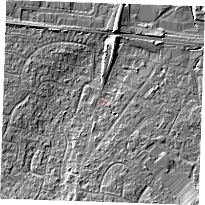 Shaded relief map of the ground around TN126AE, computed from Environment Agency LiDAR. The ground here sits at about 17 m above sea level and falls 8 m across the surrounding 800 m. Surface water reaching this point runs off ground lying to the south-south-west, 4.9 m higher.