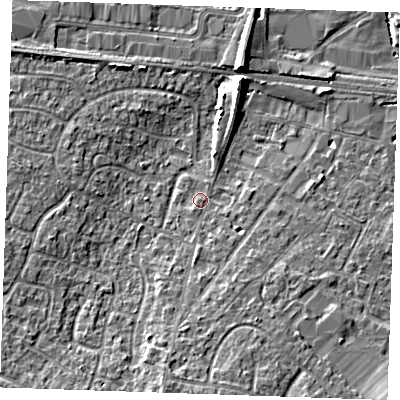 Shaded relief map of the ground around TN126AF, computed from Environment Agency LiDAR. The ground here sits at about 17 m above sea level and falls 8 m across the surrounding 800 m. Surface water reaching this point runs off ground lying to the south, 4.6 m higher.