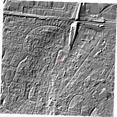 Shaded relief map of the ground around TN126AG, computed from Environment Agency LiDAR. The ground here sits at about 17 m above sea level and falls 7 m across the surrounding 800 m. Surface water reaching this point runs off ground lying to the south, 3.4 m higher.