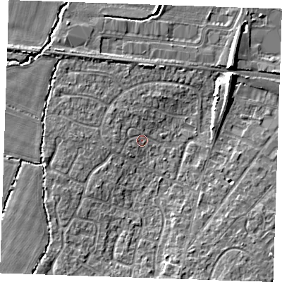 Shaded relief map of the ground around TN126AJ, computed from Environment Agency LiDAR. The ground here sits at about 17 m above sea level and falls 7 m across the surrounding 800 m. Surface water reaching this point runs off ground lying to the west, 1.7 m higher.