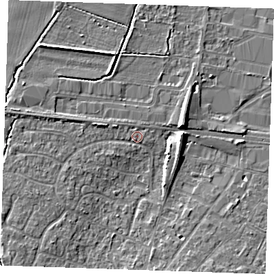Shaded relief map of the ground around TN126AN, computed from Environment Agency LiDAR. The ground here sits at about 17 m above sea level and falls 7 m across the surrounding 800 m. Surface water reaching this point runs off ground lying to the south-west, 4.0 m higher.
