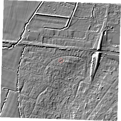 Shaded relief map of the ground around TN126AP, computed from Environment Agency LiDAR. The ground here sits at about 17 m above sea level and falls 7 m across the surrounding 800 m. Surface water reaching this point runs off ground lying to the south-west, 2.0 m higher.