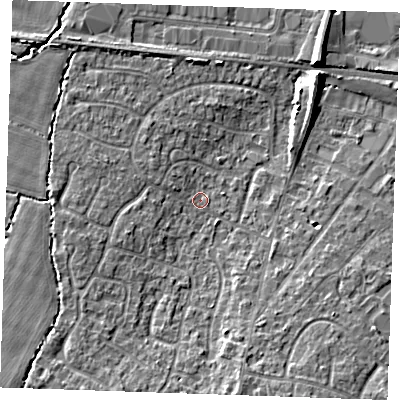 Shaded relief map of the ground around TN126AQ, computed from Environment Agency LiDAR. The ground here sits at about 17 m above sea level and falls 8 m across the surrounding 800 m. Surface water reaching this point runs off ground lying to the west-south-west, 2.6 m higher.
