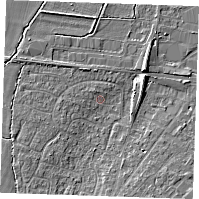 Shaded relief map of the ground around TN126AR, computed from Environment Agency LiDAR. The ground here sits at about 16 m above sea level and falls 7 m across the surrounding 800 m. Surface water reaching this point runs off ground lying to the south-west, 4.4 m higher.