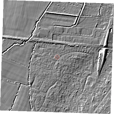 Shaded relief map of the ground around TN126AS, computed from Environment Agency LiDAR. The ground here sits at about 17 m above sea level and falls 7 m across the surrounding 800 m. Surface water reaching this point runs off ground lying to the south-west, 1.6 m higher.