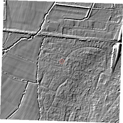 Shaded relief map of the ground around TN126AT, computed from Environment Agency LiDAR. The ground here sits at about 18 m above sea level and falls 7 m across the surrounding 800 m. Surface water reaching this point runs off ground lying to the south-west, 1.3 m higher.