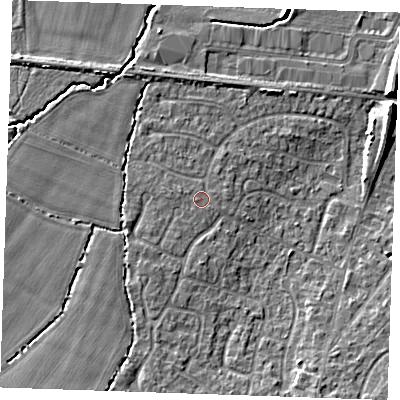 Shaded relief map of the ground around TN126AU, computed from Environment Agency LiDAR. The ground here sits at about 18 m above sea level and falls 6 m across the surrounding 800 m. Surface water reaching this point runs off ground lying to the south-west, 1.0 m higher.