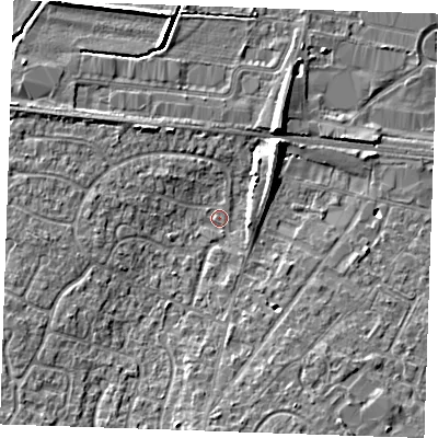 Shaded relief map of the ground around TN126AW, computed from Environment Agency LiDAR. The ground here sits at about 16 m above sea level and falls 7 m across the surrounding 800 m. Surface water reaching this point runs off ground lying to the south, 4.6 m higher.