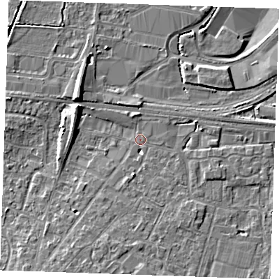 Shaded relief map of the ground around TN126AY, computed from Environment Agency LiDAR. The ground here sits at about 16 m above sea level and falls 9 m across the surrounding 800 m. Surface water reaching this point runs off ground lying to the south-south-west, 5.6 m higher.