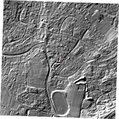 Shaded relief map of the ground around TN126AZ, computed from Environment Agency LiDAR. The ground here sits at about 22 m above sea level and falls 13 m across the surrounding 800 m. Surface water reaching this point runs off ground lying to the south-south-west, 2.6 m higher.