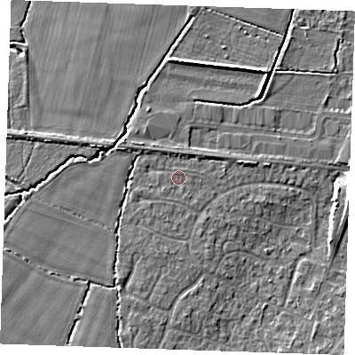Shaded relief map of the ground around TN126BA, computed from Environment Agency LiDAR. The ground here sits at about 17 m above sea level and falls 6 m across the surrounding 800 m. Surface water reaching this point runs off ground lying to the south-south-west, 0.6 m higher.