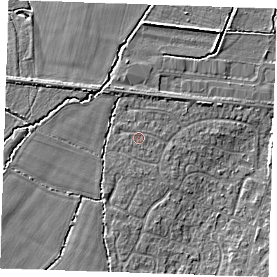 Shaded relief map of the ground around TN126BB, computed from Environment Agency LiDAR. The ground here sits at about 18 m above sea level and falls 6 m across the surrounding 800 m. Surface water reaching this point runs off ground lying to the west, 0.7 m higher.
