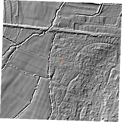 Shaded relief map of the ground around TN126BD, computed from Environment Agency LiDAR. The ground here sits at about 18 m above sea level and falls 6 m across the surrounding 800 m. Surface water reaching this point runs off ground lying to the south-south-west, 1.3 m higher.