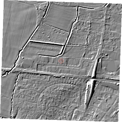 Shaded relief map of the ground around TN126BE, computed from Environment Agency LiDAR. The ground here sits at about 17 m above sea level and falls 8 m across the surrounding 800 m. The ground contributing surface water to this point lies to the south-south-east.