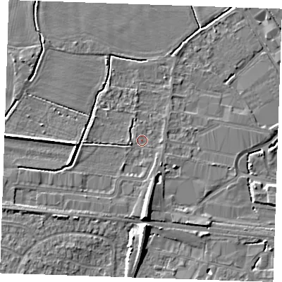 Shaded relief map of the ground around TN126BS, computed from Environment Agency LiDAR. The ground here sits at about 15 m above sea level and falls 8 m across the surrounding 800 m. Surface water reaching this point runs off ground lying to the south-west, 3.1 m higher.