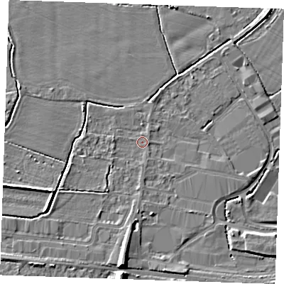 Shaded relief map of the ground around TN126BT, computed from Environment Agency LiDAR. The ground here sits at about 15 m above sea level and falls 8 m across the surrounding 800 m. Surface water reaching this point runs off ground lying to the south, 6.1 m higher.