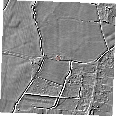 Shaded relief map of the ground around TN126BU, computed from Environment Agency LiDAR. The ground here sits at about 16 m above sea level and falls 6 m across the surrounding 800 m. Surface water reaching this point runs off ground lying to the west-south-west, 1.4 m higher.