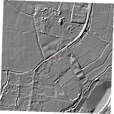 Shaded relief map of the ground around TN126BX, computed from Environment Agency LiDAR. The ground here sits at about 14 m above sea level and falls 7 m across the surrounding 800 m. Surface water reaching this point runs off ground lying to the south-west, 1.1 m higher.
