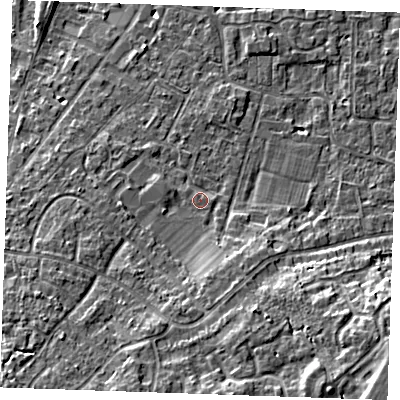 Shaded relief map of the ground around TN126BZ, computed from Environment Agency LiDAR. The ground here sits at about 19 m above sea level and falls 11 m across the surrounding 800 m. Surface water reaching this point runs off ground lying to the west-south-west, 1.0 m higher.
