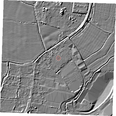 Shaded relief map of the ground around TN126DA, computed from Environment Agency LiDAR. The ground here sits at about 15 m above sea level and falls 7 m across the surrounding 800 m. The ground contributing surface water to this point lies to the west-north-west.