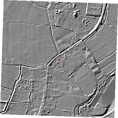 Shaded relief map of the ground around TN126DB, computed from Environment Agency LiDAR. The ground here sits at about 15 m above sea level and falls 7 m across the surrounding 800 m. Surface water reaching this point runs off ground lying to the north-west, 0.8 m higher.