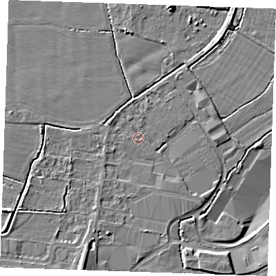 Shaded relief map of the ground around TN126DD, computed from Environment Agency LiDAR. The ground here sits at about 15 m above sea level and falls 7 m across the surrounding 800 m. Surface water reaching this point runs off ground lying to the north-west, 1.1 m higher.
