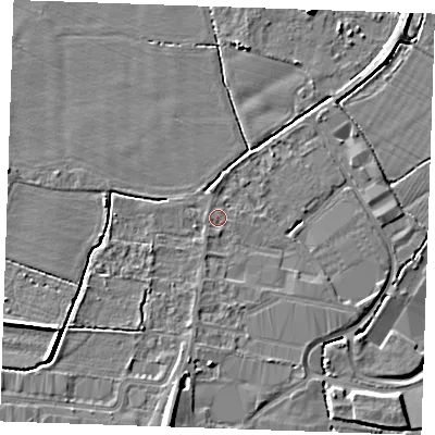 Shaded relief map of the ground around TN126DE, computed from Environment Agency LiDAR. The ground here sits at about 15 m above sea level and falls 8 m across the surrounding 800 m. Surface water reaching this point runs off ground lying to the west, 0.7 m higher.