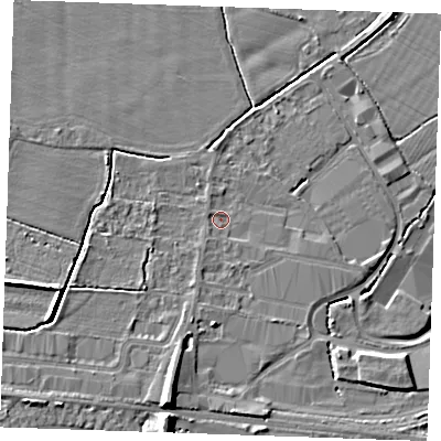 Shaded relief map of the ground around TN126DF, computed from Environment Agency LiDAR. The ground here sits at about 15 m above sea level and falls 9 m across the surrounding 800 m. Surface water reaching this point runs off ground lying to the south-south-west, 0.8 m higher.