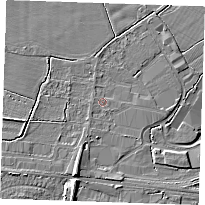 Shaded relief map of the ground around TN126DG, computed from Environment Agency LiDAR. The ground here sits at about 15 m above sea level and falls 9 m across the surrounding 800 m. Surface water reaching this point runs off ground lying to the west-south-west, 0.6 m higher.