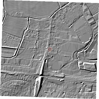 Shaded relief map of the ground around TN126DJ, computed from Environment Agency LiDAR. The ground here sits at about 16 m above sea level and falls 8 m across the surrounding 800 m. Surface water reaching this point runs off ground lying to the south-south-west, 1.3 m higher.