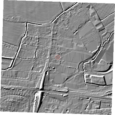 Shaded relief map of the ground around TN126DL, computed from Environment Agency LiDAR. The ground here sits at about 15 m above sea level and falls 9 m across the surrounding 800 m. Surface water reaching this point runs off ground lying to the south-south-west, 4.3 m higher.