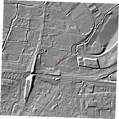 Shaded relief map of the ground around TN126DQ, computed from Environment Agency LiDAR. The ground here sits at about 15 m above sea level and falls 9 m across the surrounding 800 m. Surface water reaching this point runs off ground lying to the west-south-west, 6.1 m higher.