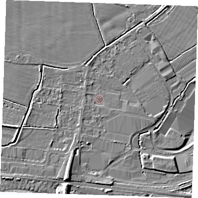 Shaded relief map of the ground around TN126DR, computed from Environment Agency LiDAR. The ground here sits at about 15 m above sea level and falls 9 m across the surrounding 800 m. Surface water reaching this point runs off ground lying to the west-south-west, 0.8 m higher.